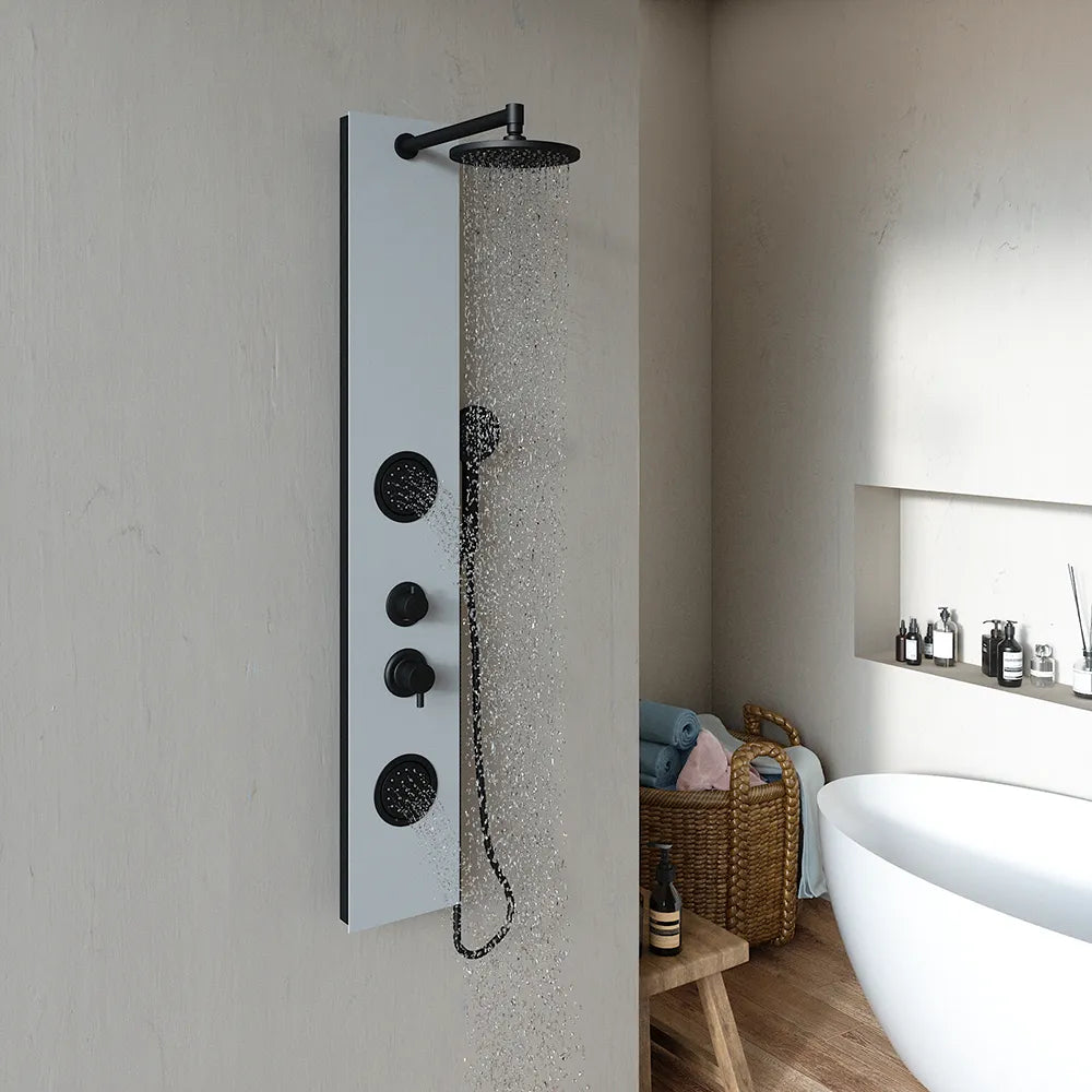 Pannello doccia 140x22cm in alluminio bianco e nero a 3 funzioni con doccino e flessible | Amur