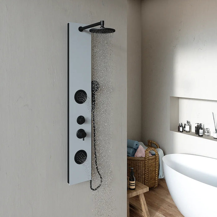 Pannello doccia 140x22cm in alluminio bianco e nero a 3 funzioni con doccino e flessible | Amur