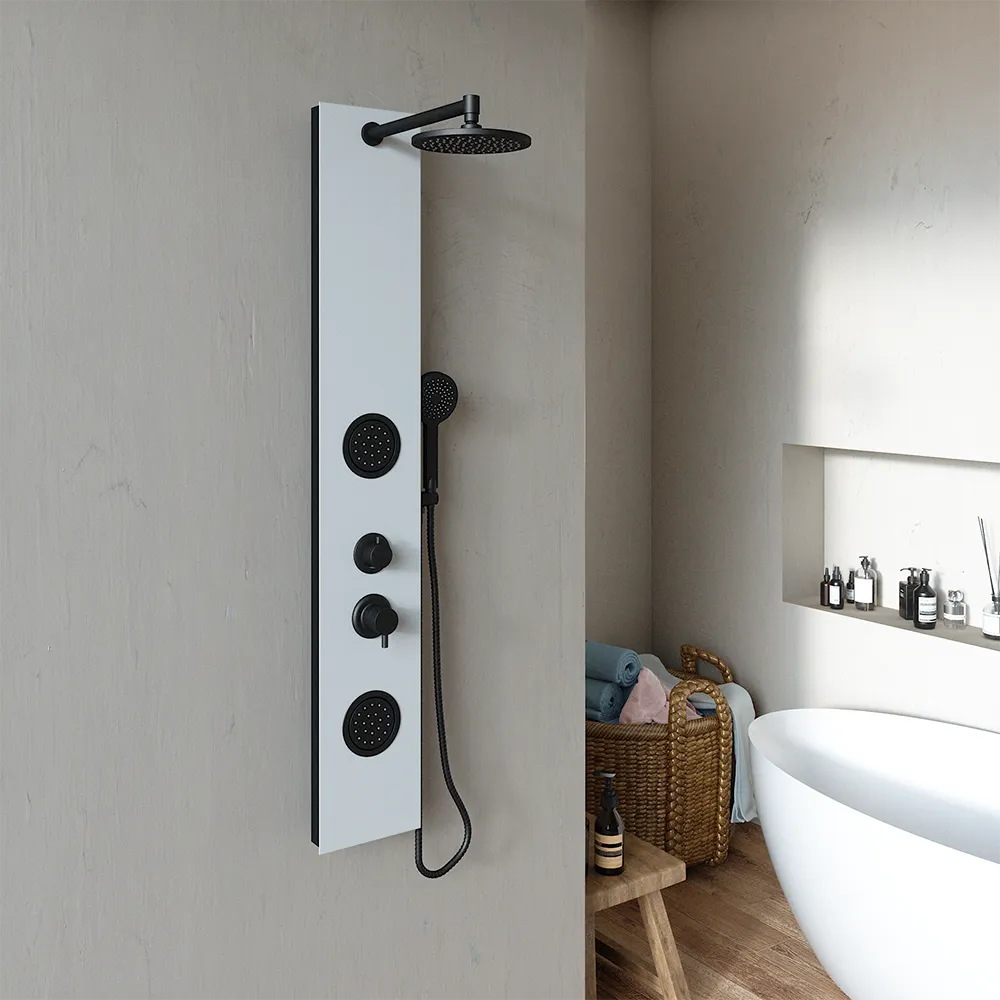 Pannello doccia 140x22cm in alluminio bianco e nero a 3 funzioni con doccino e flessible | Amur