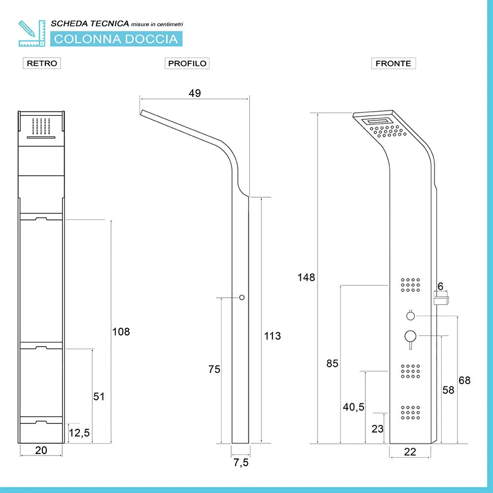 Pannello doccia idromassaggio in acciaio inox effetto cemento con 4 funzioni