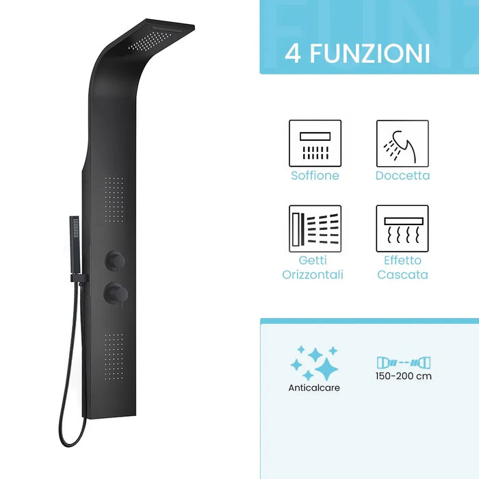 Pannello doccia idromassaggio in alluminio nero opaco con 4 getti