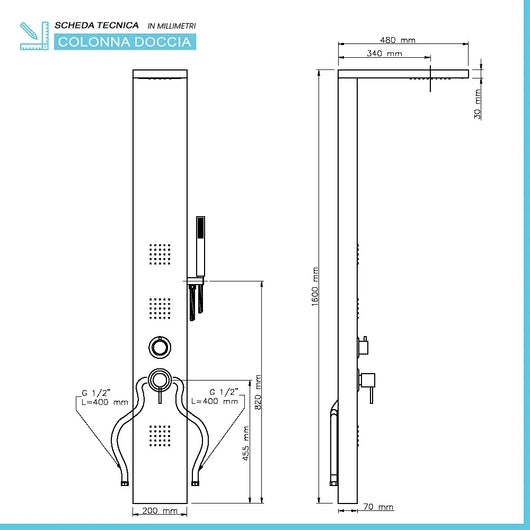 Pannello doccia multifunzione con 4 getti in acciaio inox cromato