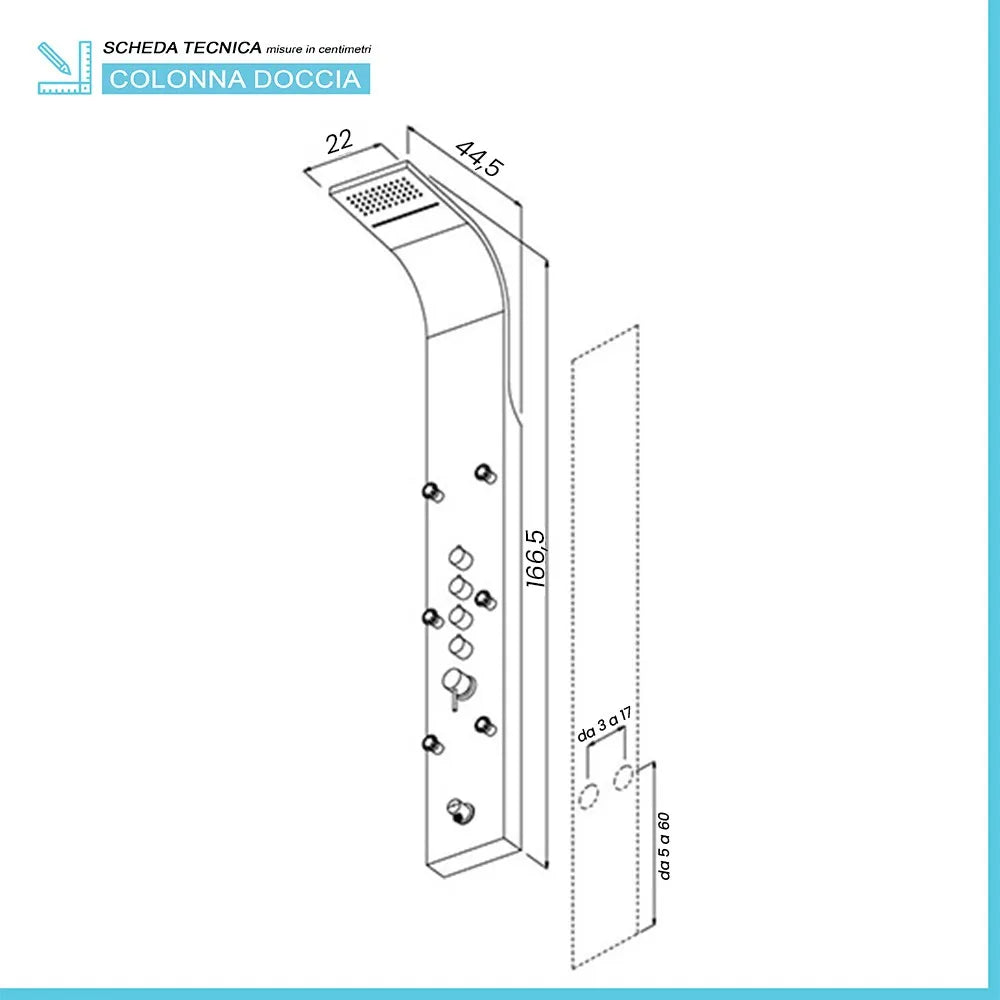 Pannello doccia multifunzione cromato lucido in acciaio inox con 4 getti