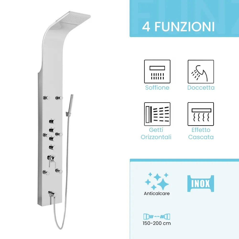 Pannello doccia multifunzione cromato lucido in acciaio inox con 4 getti