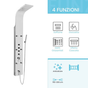 Pannello doccia multifunzione cromato lucido in acciaio inox con 4 getti