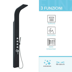 Pannello doccia multifunzione nero in alluminio con 4 funzioni