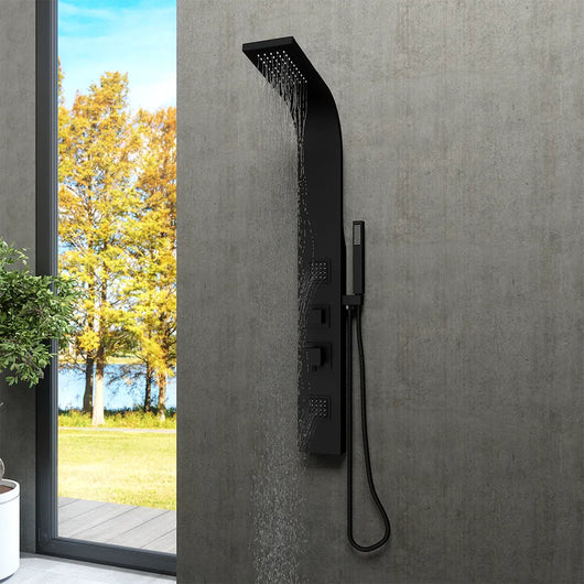 Pannello doccia 113x14cm in acciaio nero opaco a 3 funzioni con doccino e flessibile | Jog
