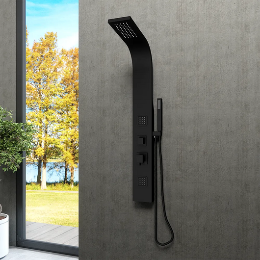 Pannello doccia 113x14cm in acciaio nero opaco a 3 funzioni con doccino e flessibile | Jog