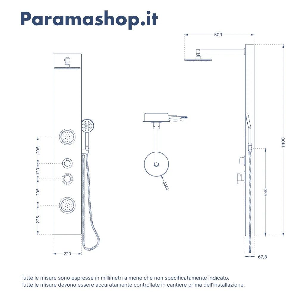 Pannello doccia 140x22cm in alluminio bianco e nero a 3 funzioni con doccino e flessible | Amur