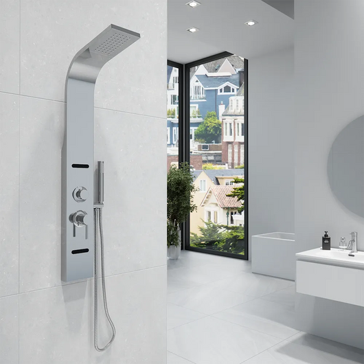 Pannello doccia 113x14cm in acciaio spazzolato a 3 funzioni con doccino e flessibile | Nilo