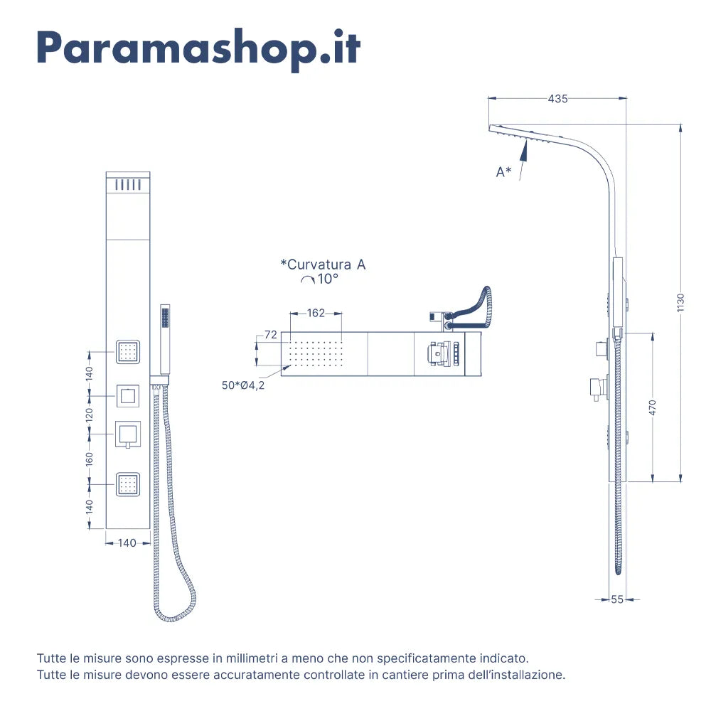 Pannello doccia 113x14cm in acciaio cromato a 3 funzioni con doccino e flessibile | Jog