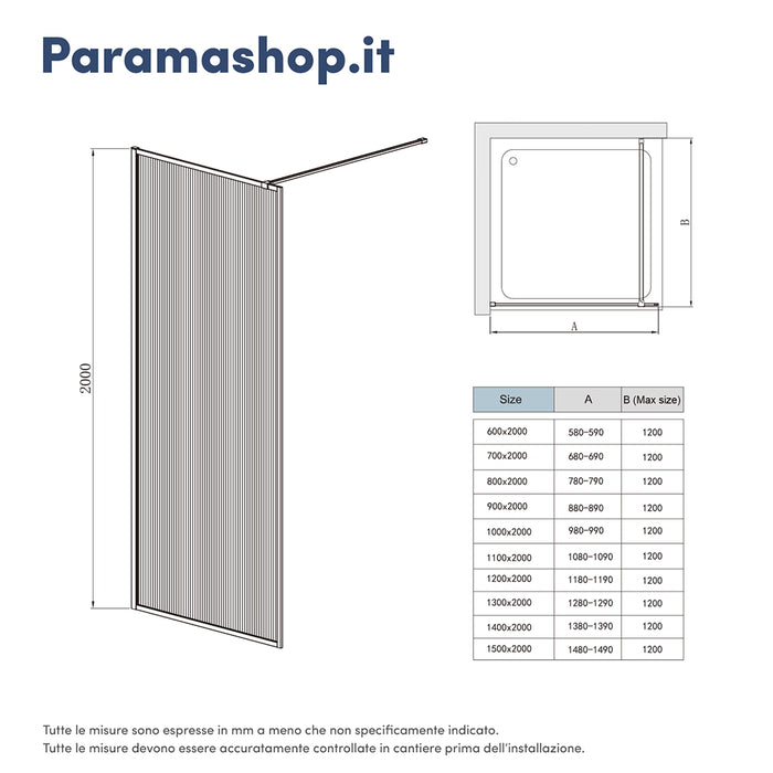 Doccia walk-in full frame 60 cm vetro cannettato profili neri | Rodi