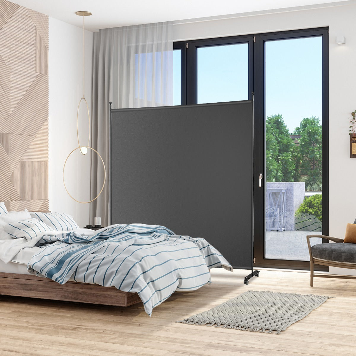 Pannello divisorio singolo con ruote bloccabili-Paravento da interno portatile da soggiorno 184x184cm Grigio