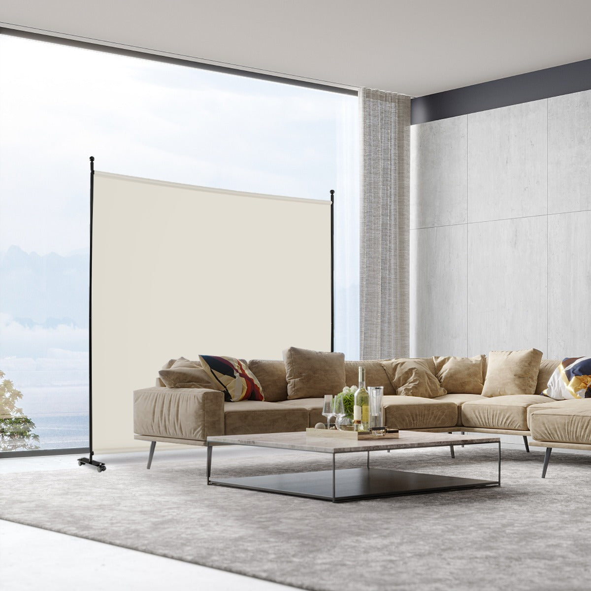 Pannello divisorio singolo con ruote bloccabili-Paravento da interno portatile da soggiorno 184x184cm Beige