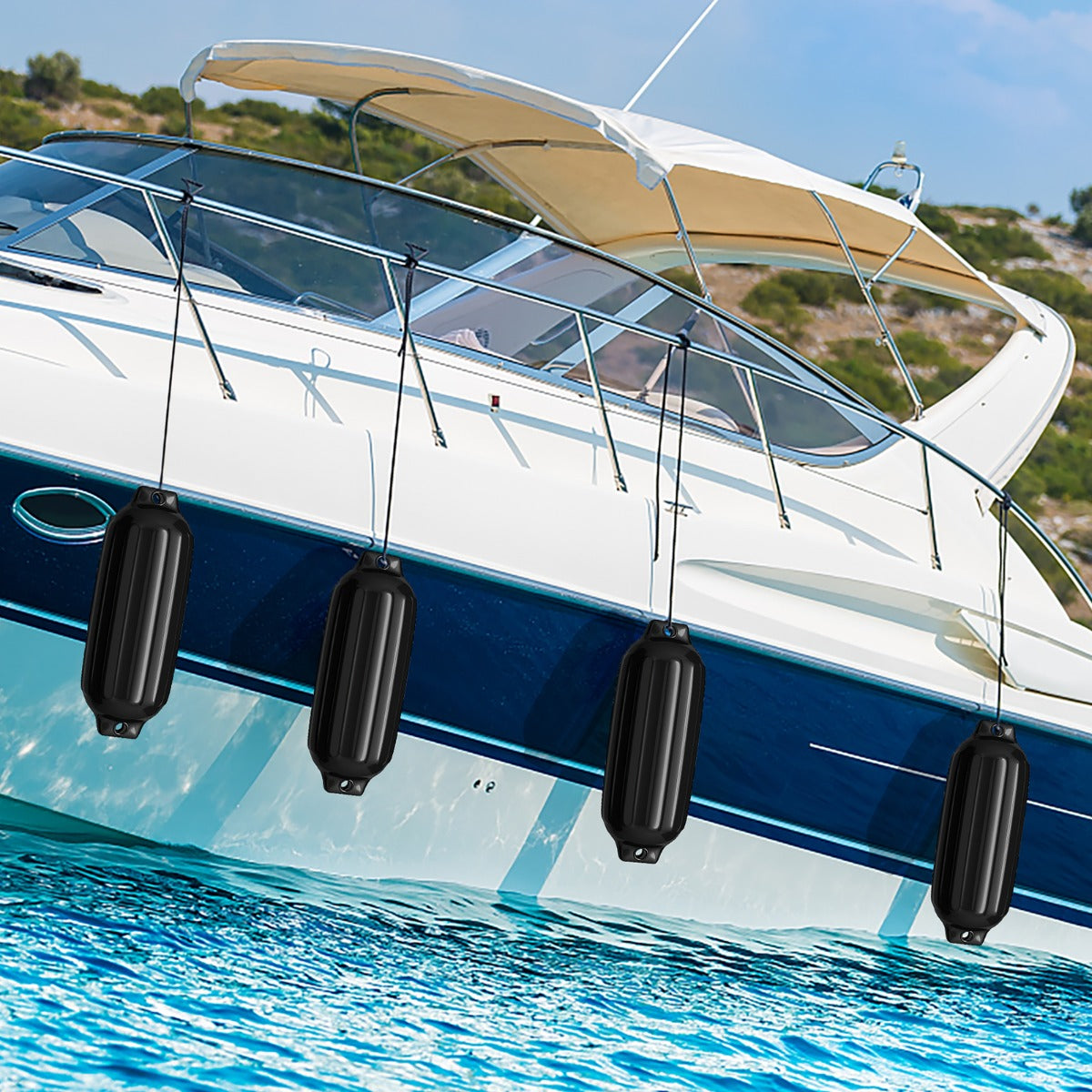 Parabordi barca gonfiabile per l¡¯attracco in PVC di 4 pezzi, Set di parabordi per barca a 2 anelli Nero-Sport acquatici