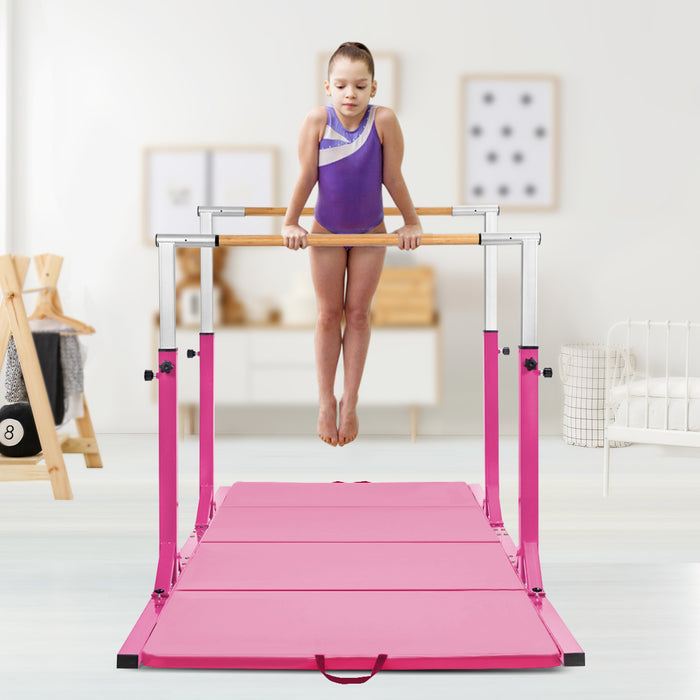 Parallele doppie per ginnastica con larghezza e altezza regolabili portata 100kg, Sbarre allenamento per bambini Rosa-Sbarre e travi da ginnastica