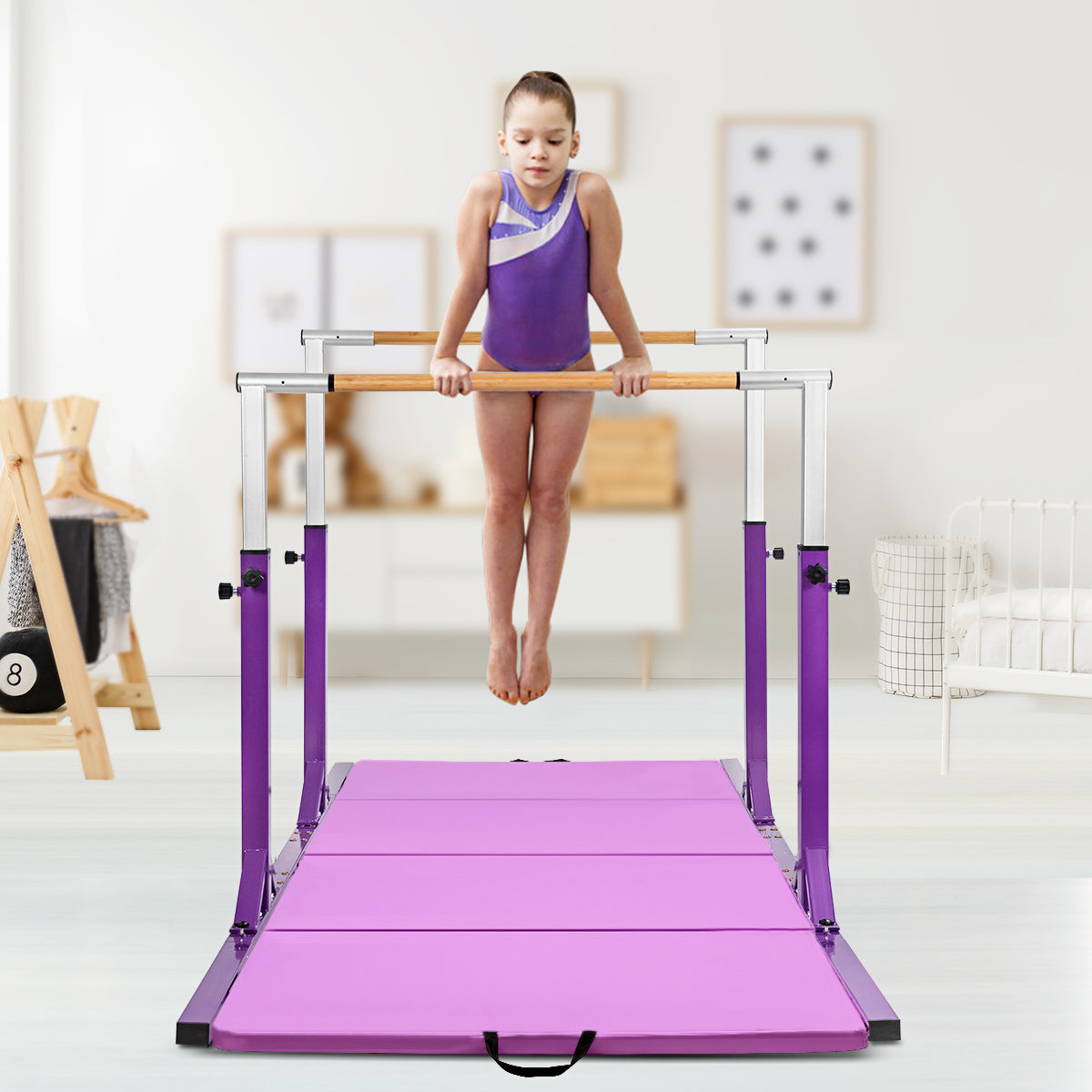 Parallele doppie per ginnastica con larghezza e altezza regolabili portata 100kg, Sbarre allenamento per bambini Viola-Sbarre e travi da ginnastica