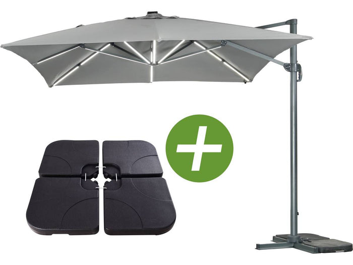Ombrellone da giardino decentrato con LED Alu "Sun 3 Luxe" - Quadrato - 3 x 3 m - Colore Grigio - zavorre  incluse