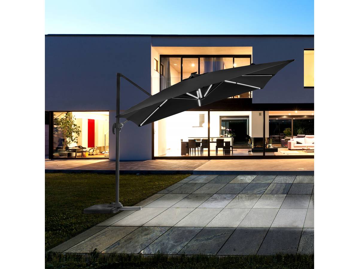 Ombrellone da giardino decentrato LED Ali "Sun 4 Luxe" 3 x 4 m - Nero + Base zavorrante  inclusa