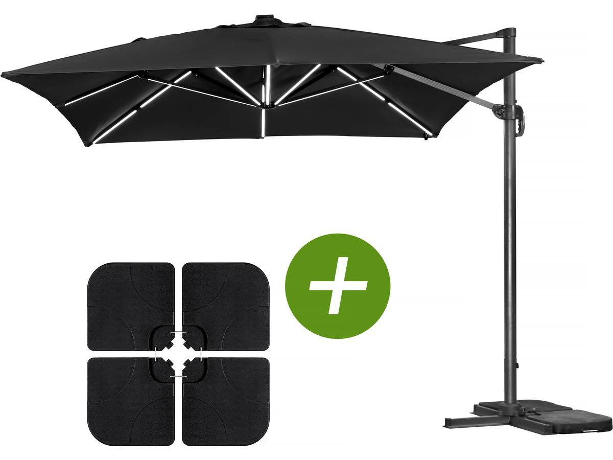 Ombrellone da giardino a LED Alu "Sun 3 Luxe" - Quadrato - 3 x 3 m - Colore nero - Zavorre incluse