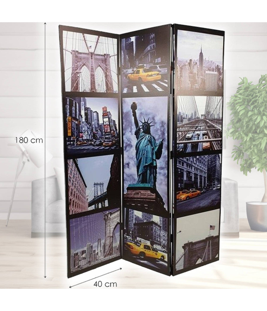 Paravento Separe Divisorio Con 3 Pannelli 180x120cm Stampa Fronte Retro New York         