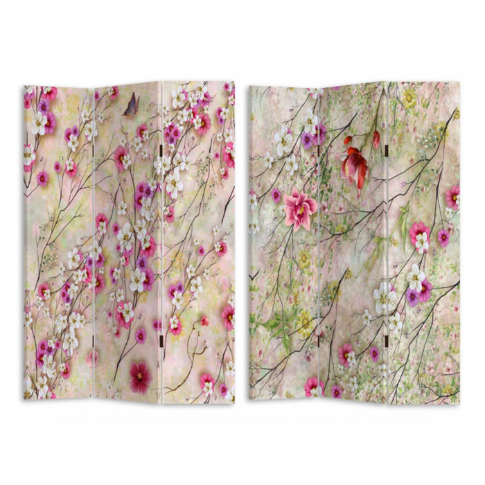 Paravento stampa 3 ante crema con rami fiori cm 120,6x2,5h180