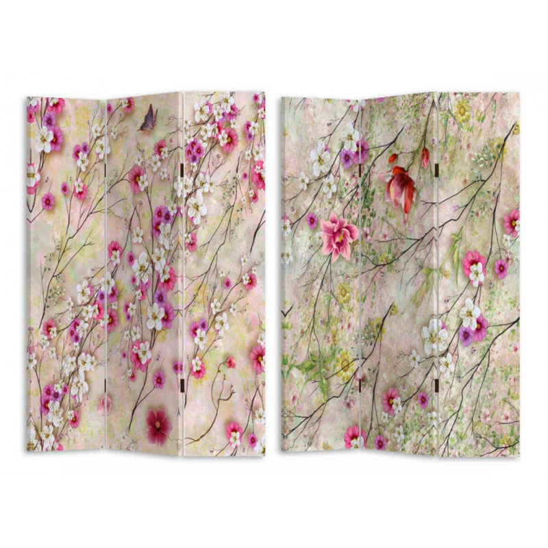 Paravento stampa 3 ante crema con rami fiori cm 120,6x2,5h180
