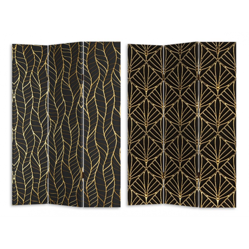 Paravento stampa 3 ante nero decori oro cm 120,6x2,5h180