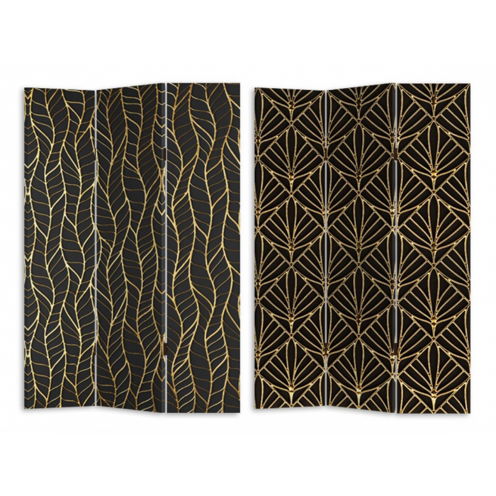 Paravento stampa 3 ante nero decori oro cm 120,6x2,5h180