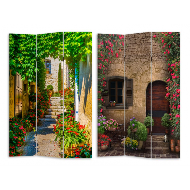 Paravento stampa 3 ante scalinata con fiori cm 120,6x2,5h180