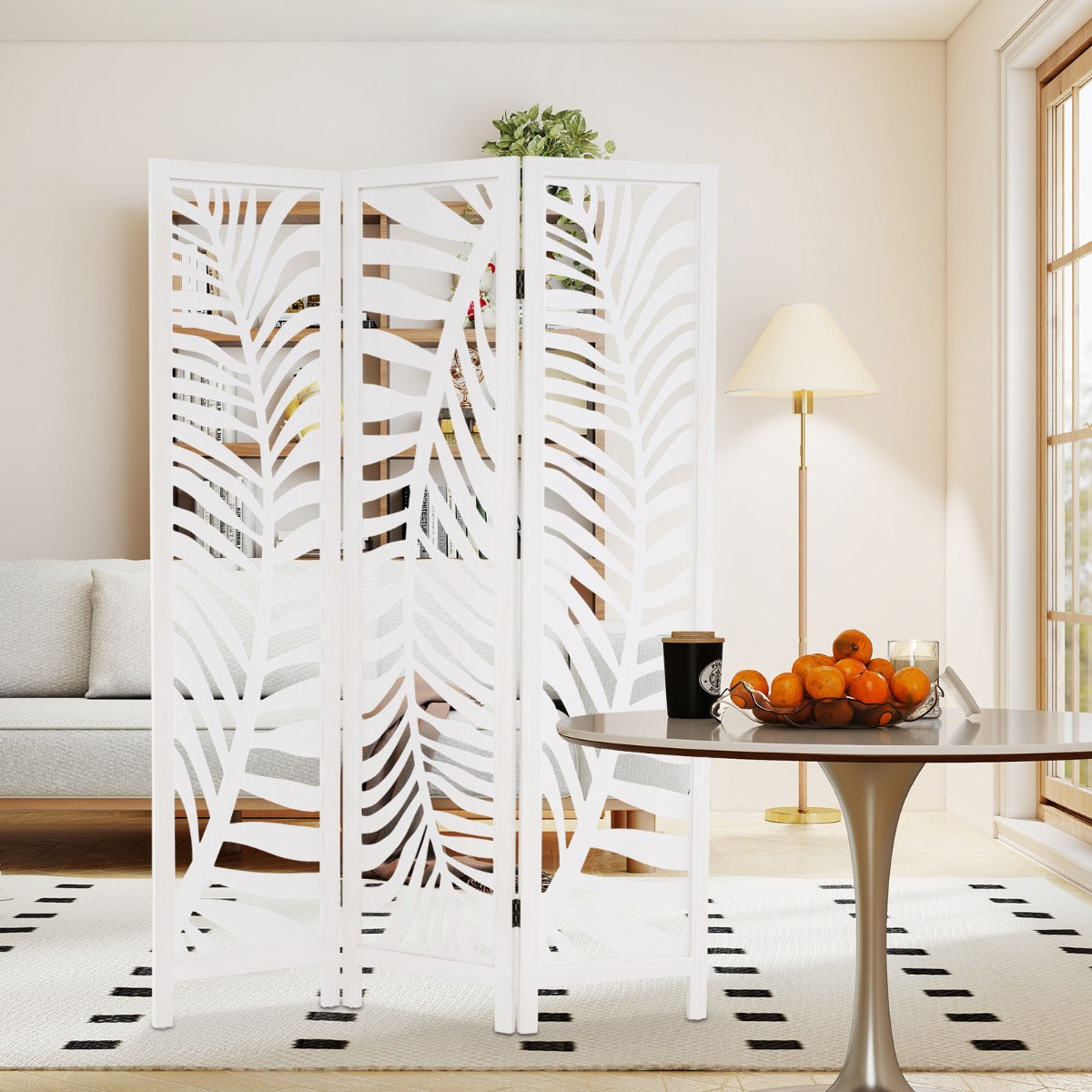 Divisorio per ambienti autoportante alto 170 cm con cornice in legno naturale-Paravento a 3 pannelli per casa Bianco