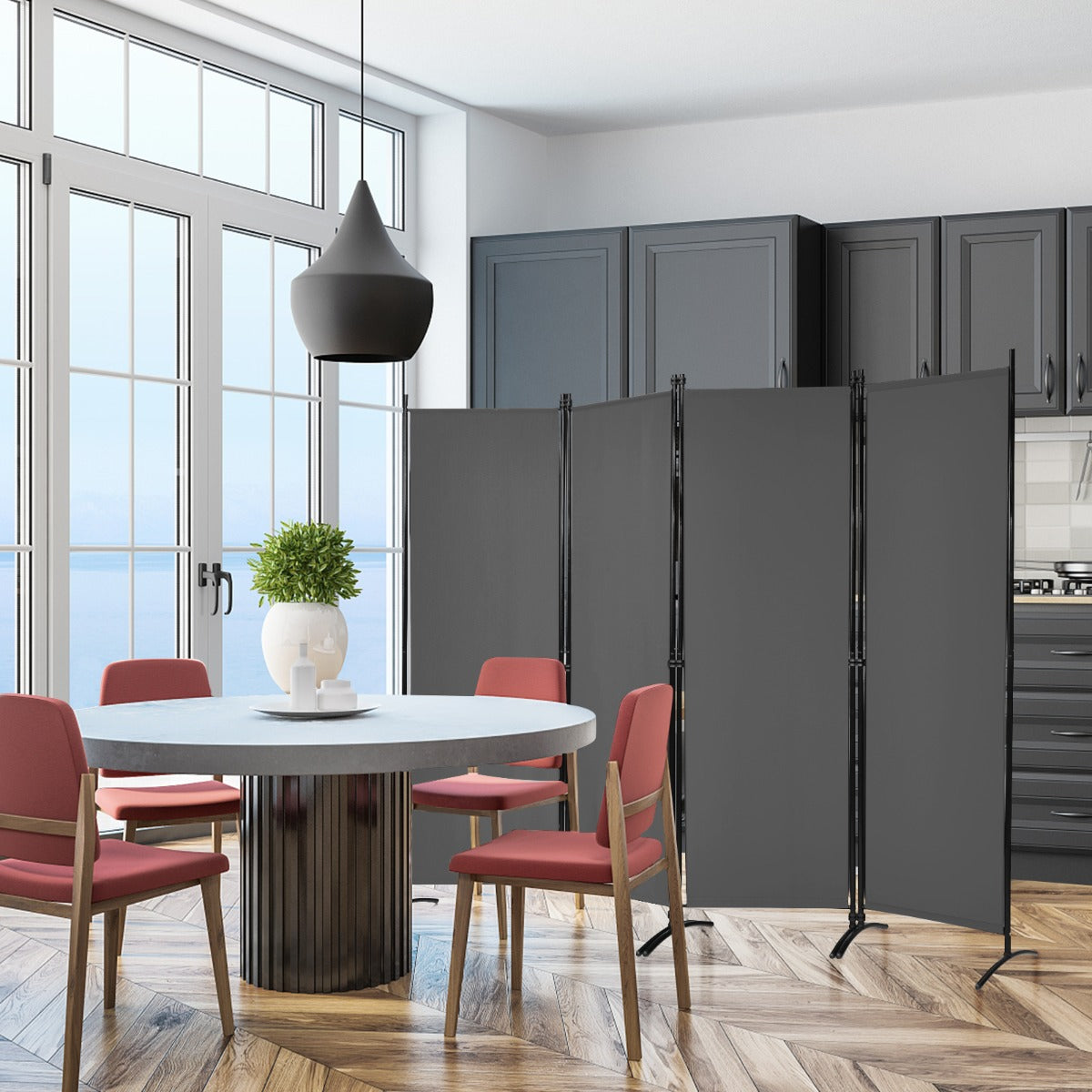 Paravento a 4 pannelli da interno in metallo-Divisorio pieghevole con piedini stabili 220x173cm Grigio scuro