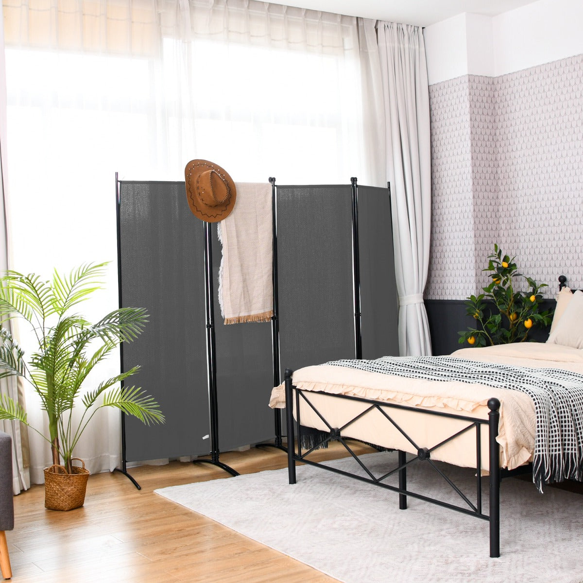 Paravento a 4 pannelli da interno in metallo-Divisorio pieghevole con piedini stabili 220x173cm Grigio scuro