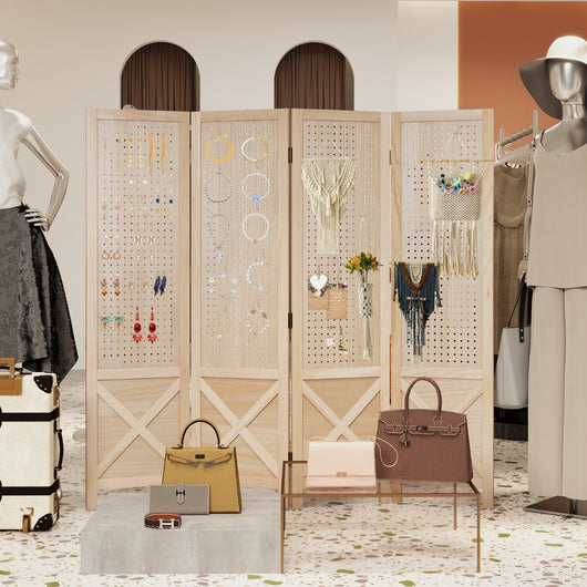 Paravento pieghevole con struttura in legno massiccio per mostre d¡¯arte-Espositore a parete foro a 4 pannelli da 144 cm Naturale