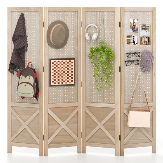 Paravento pieghevole con struttura in legno massiccio per mostre d¡¯arte-Espositore a parete foro a 4 pannelli da 144 cm Naturale