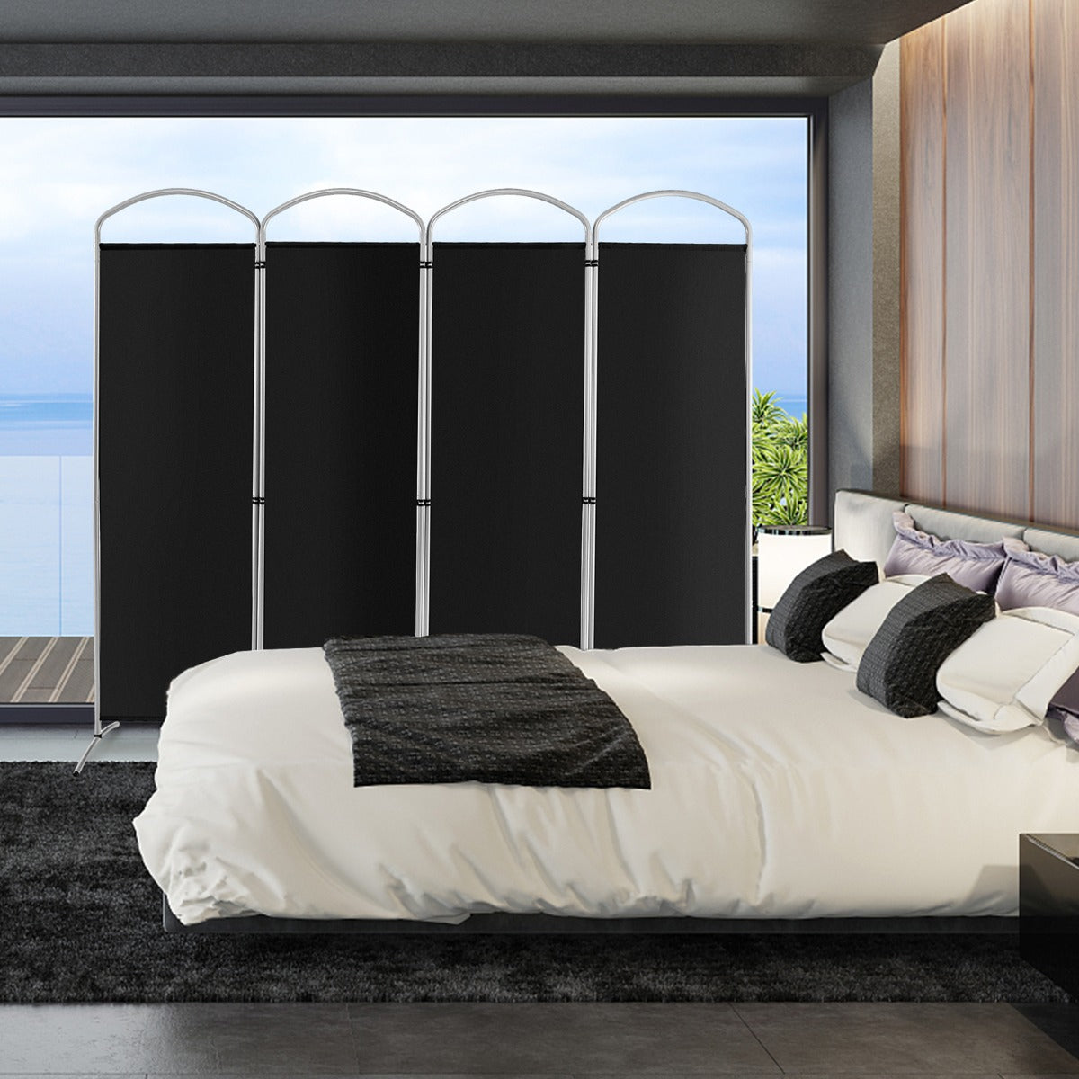 Paravento pieghevole a 4 pannelli da 188cm-Divisorio in tessuto per ambienti interni casa ufficio Nero