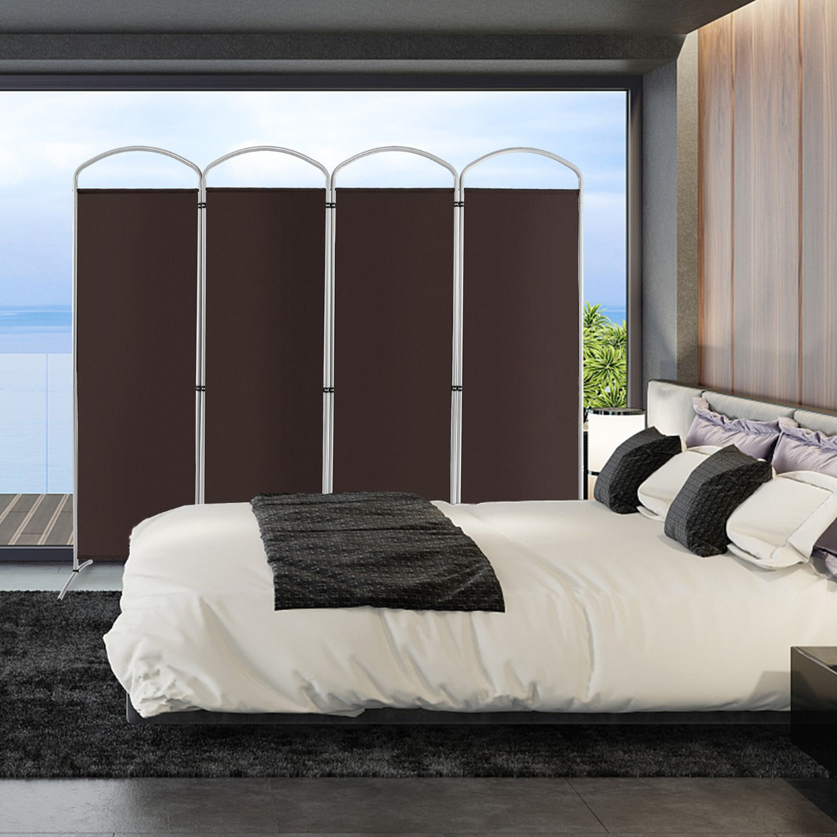 Paravento pieghevole a 4 pannelli da 188cm-Divisorio in tessuto per ambienti interni casa ufficio Marrone