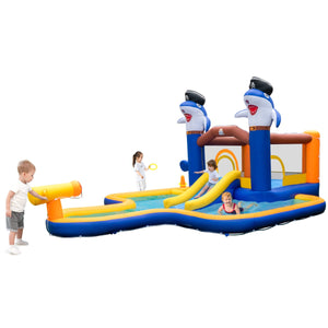Parco acquatico gonfiabile 7-in-1 con piscina spruzzo cannone d'acqua, Scivolo d'acqua per bambini 3-10 anni-Strutture gonfiabili da salto