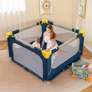 Box per bambini 127 x 127 cm senza montaggio, Recinto pieghevole per bambini con cancello con cerniera Blu-Cancelletti di sicurezza