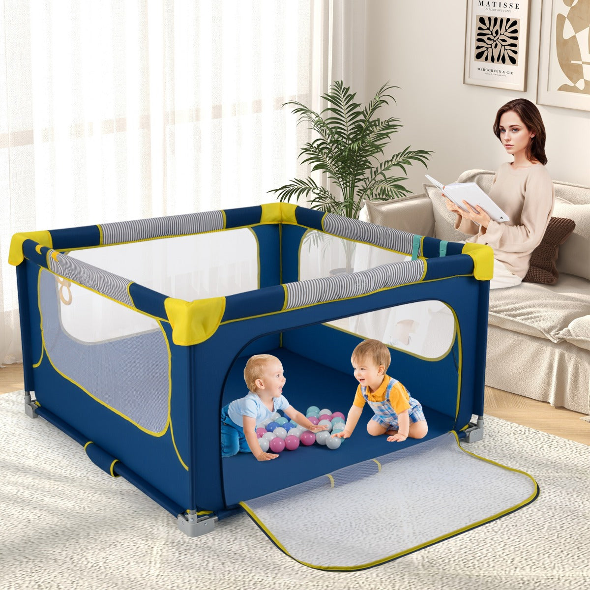 Box per bambini 127 x 127 cm senza montaggio, Recinto pieghevole per bambini con cancello con cerniera Blu-Cancelletti di sicurezza