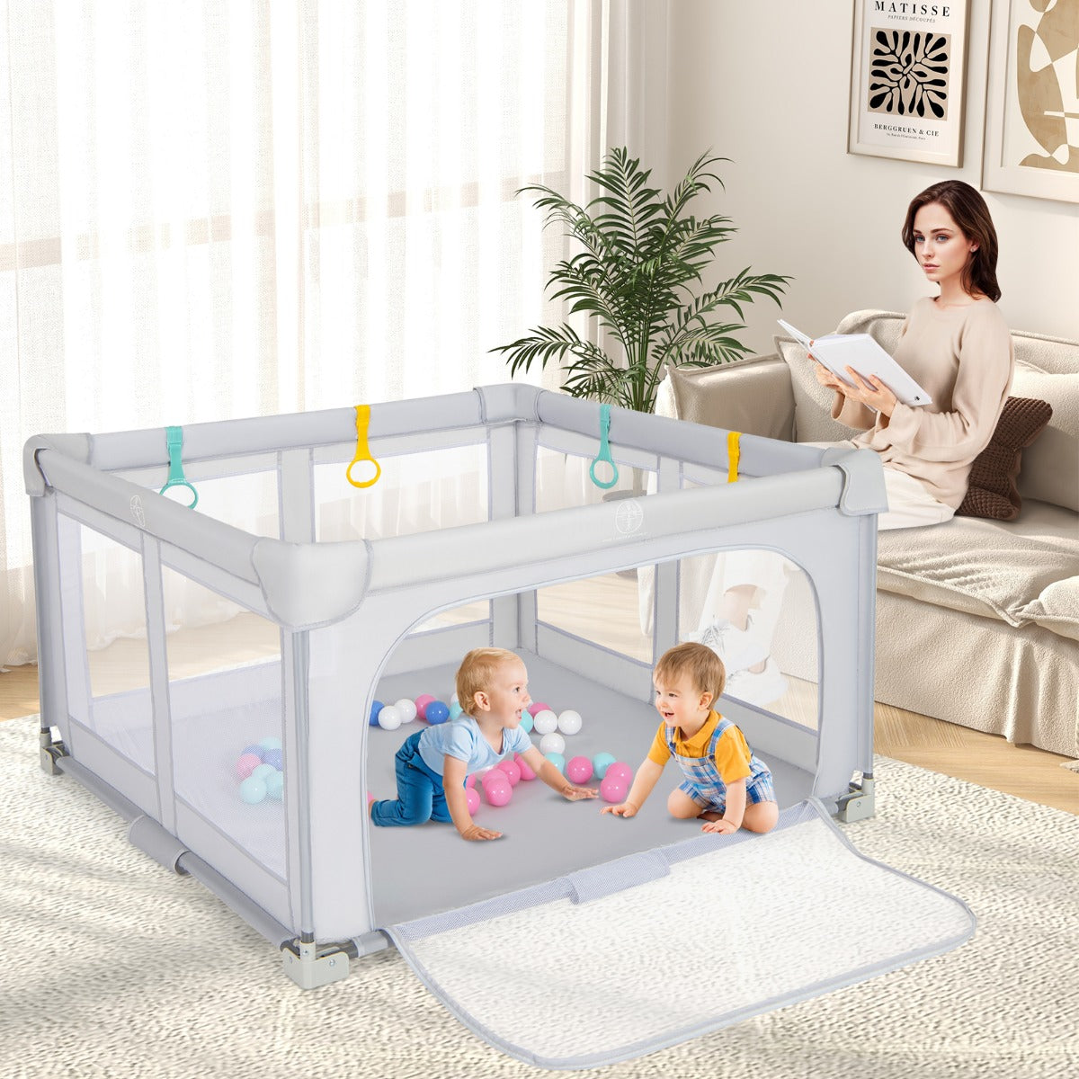 Box per bambini 127 x 127 cm senza montaggio, Recinto pieghevole per bambini con cancello con cerniera Grigio-Cancelletti di sicurezza