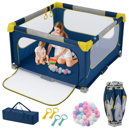 Box per bambini 127 x 127 cm senza montaggio, Recinto pieghevole per bambini con cancello con cerniera Blu-Cancelletti di sicurezza