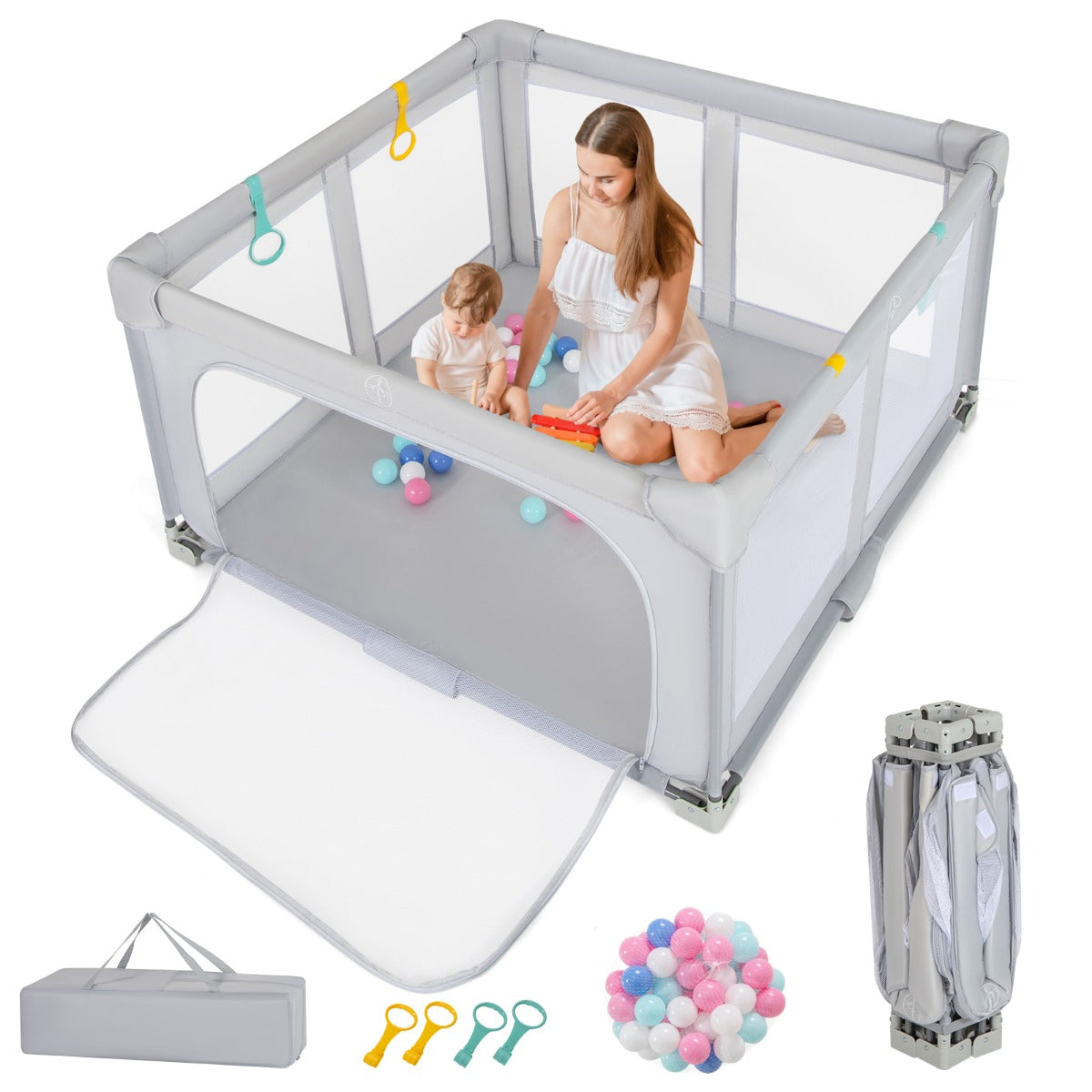 Box per bambini 127 x 127 cm senza montaggio, Recinto pieghevole per bambini con cancello con cerniera Grigio-Cancelletti di sicurezza