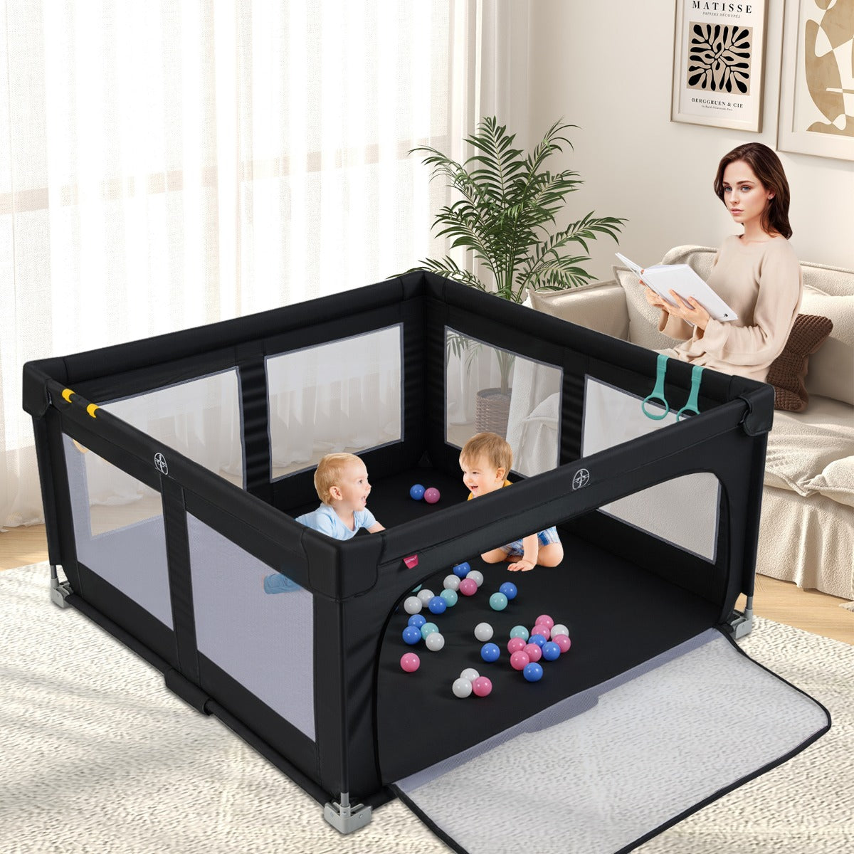 Box per bambini 150 x 150 cm senza montaggio, Recinto pieghevole per bambini con cancello con cerniera Nero-Cancelletti di sicurezza