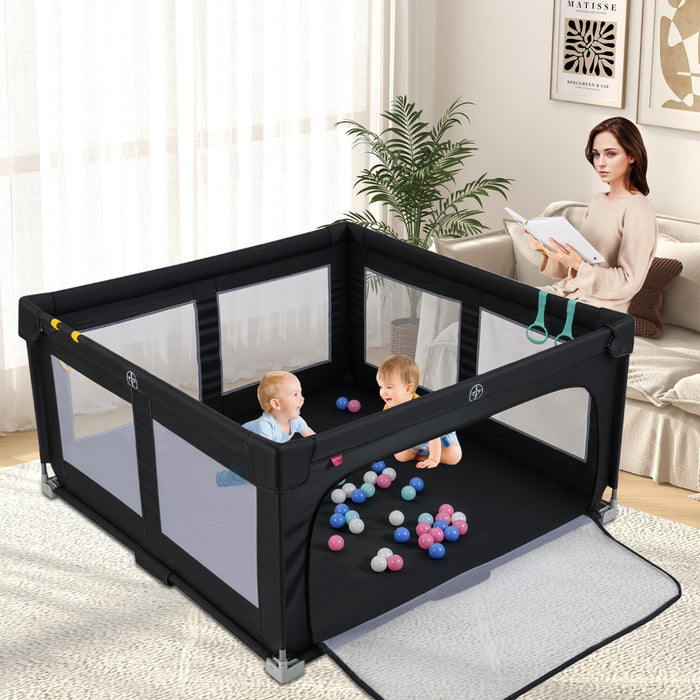 Box per bambini 150 x 150 cm senza montaggio, Recinto pieghevole per bambini con cancello con cerniera Nero-Cancelletti di sicurezza