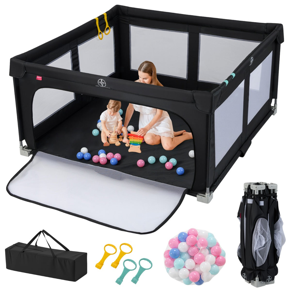 Box per bambini 150 x 150 cm senza montaggio, Recinto pieghevole per bambini con cancello con cerniera Nero-Cancelletti di sicurezza