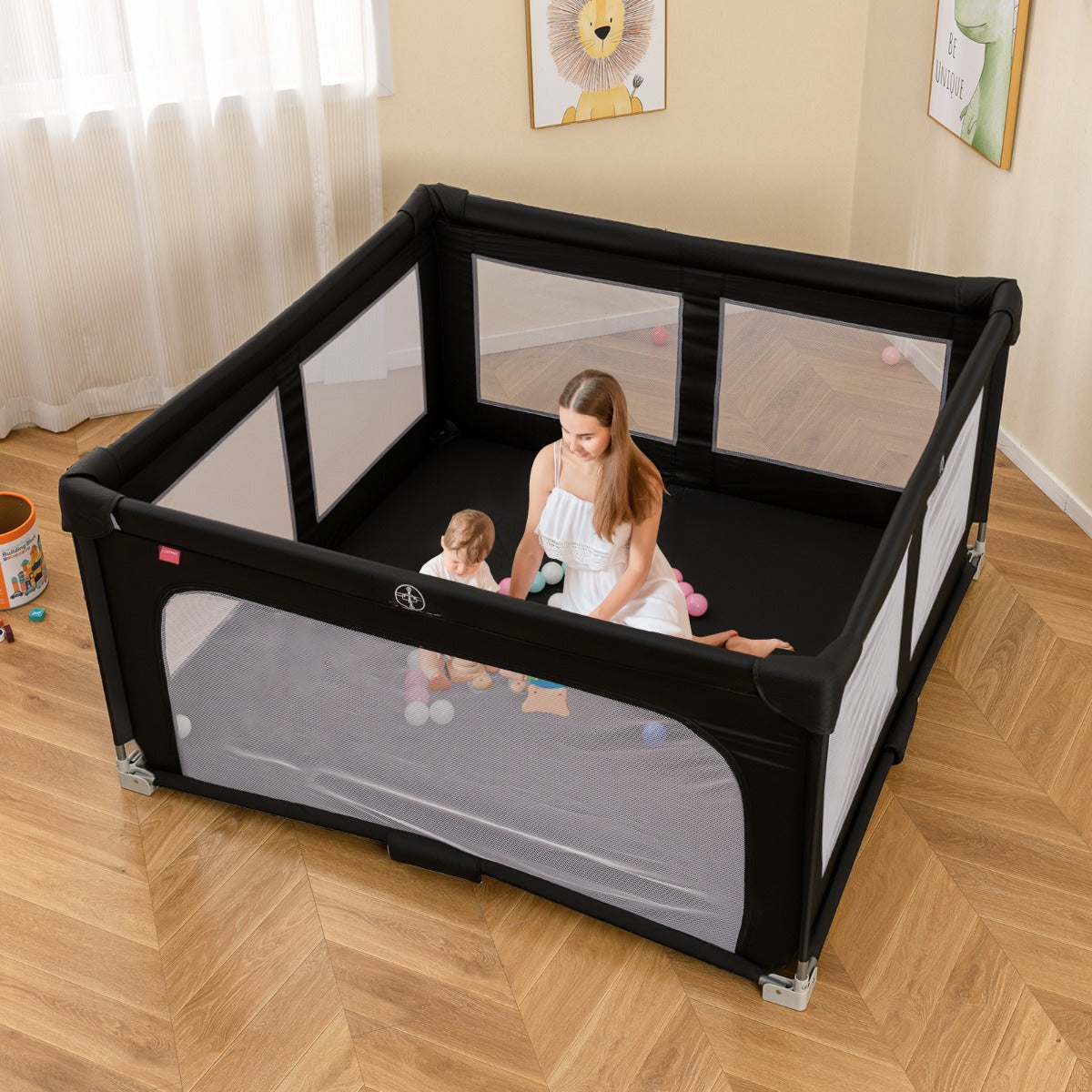 Box per bambini 150 x 150 cm senza montaggio, Recinto pieghevole per bambini con cancello con cerniera Nero-Cancelletti di sicurezza