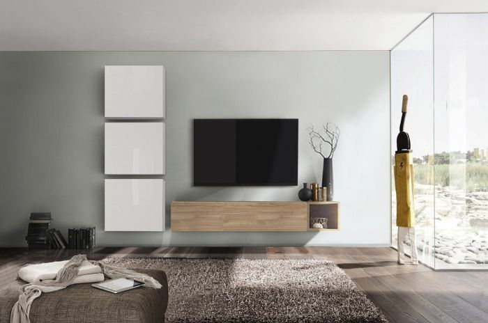 Parete attrezzata, moderna e di design, rovere stelvio, miele e bianco lucido, ZLCCN12