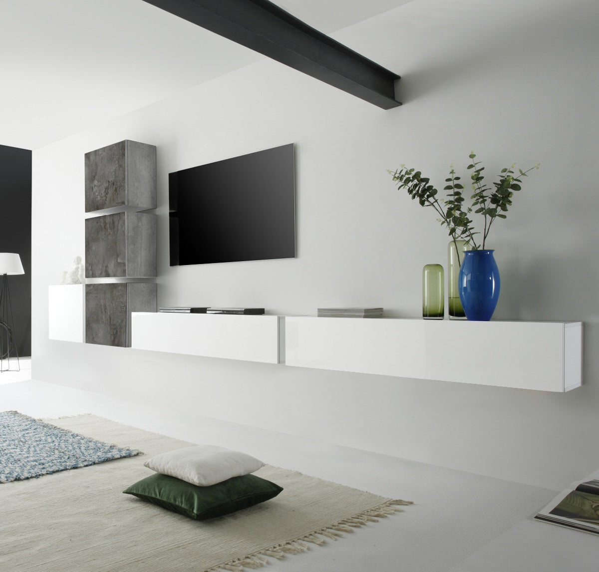 Parete attrezzata con pensili e cubi Ossido, Beton e Bianco Lucido, ZLCCBT1BET