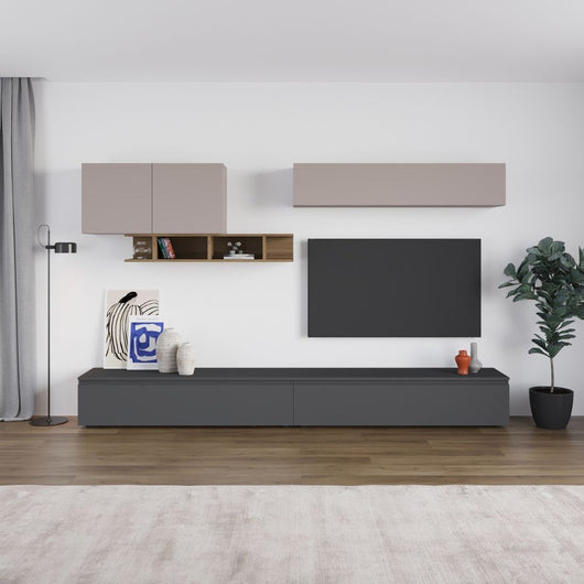 Parete attrezzata colore antracite e tortora con particolari noce Monica 300